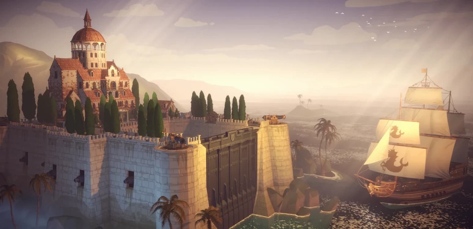 A white fortress with cannons on its walls, a galleon sailing past at sunset