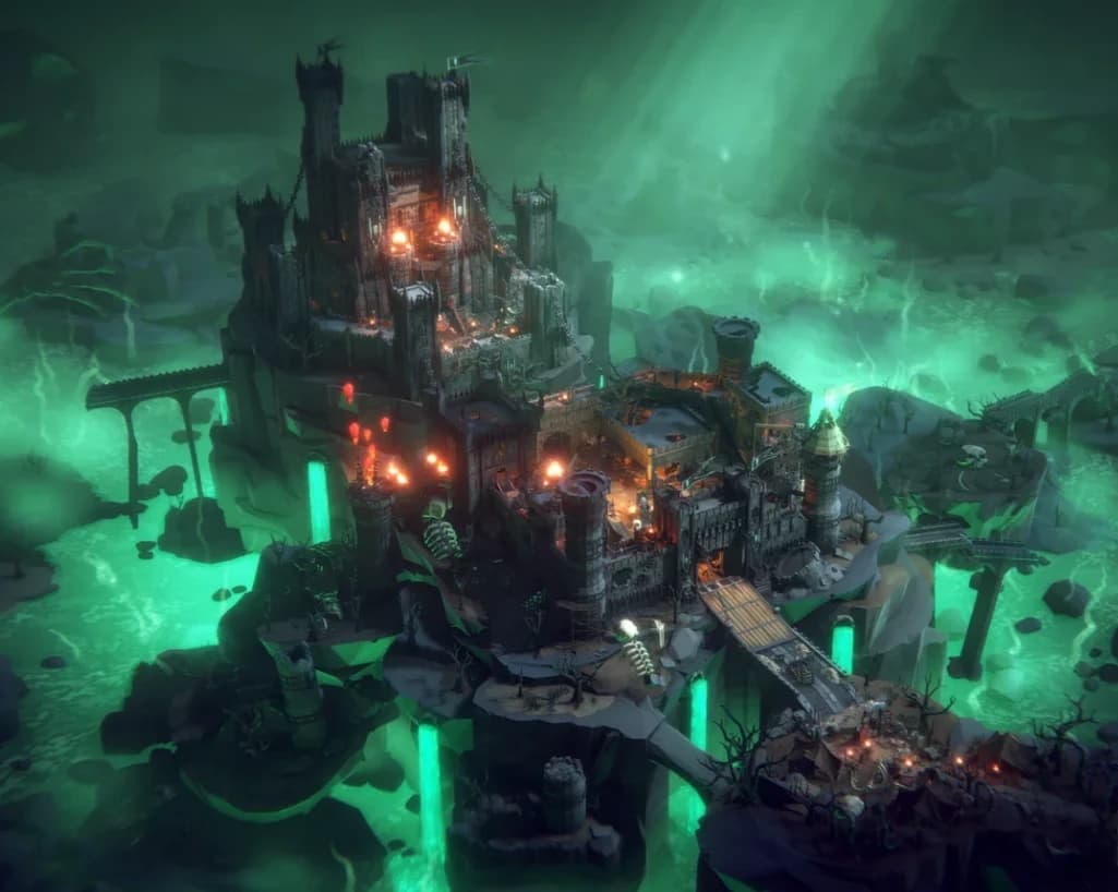 A black citadel surrounded by glowing green fog