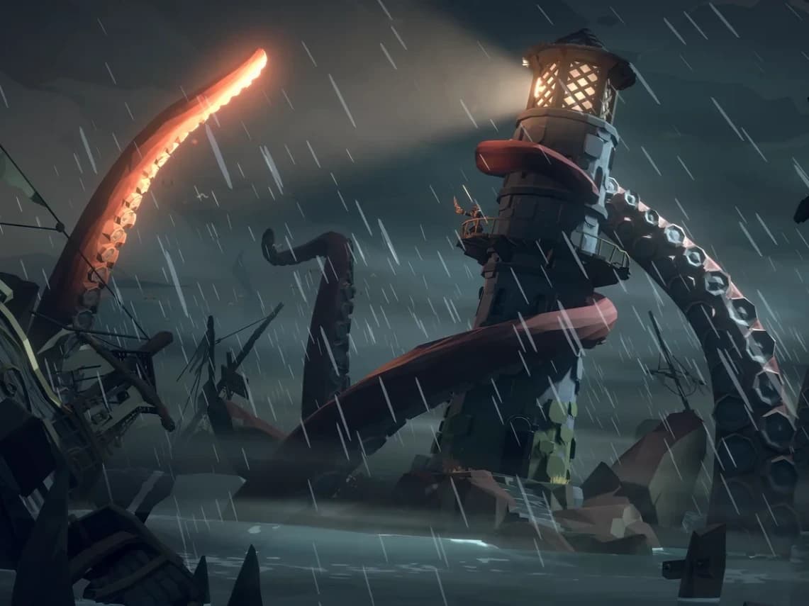 Giant tentacles coiled around a lighthouse in a storm