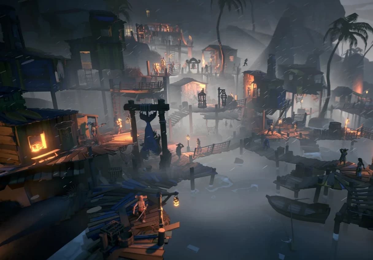 A harbour town on stilts, lit by lanterns in the rain