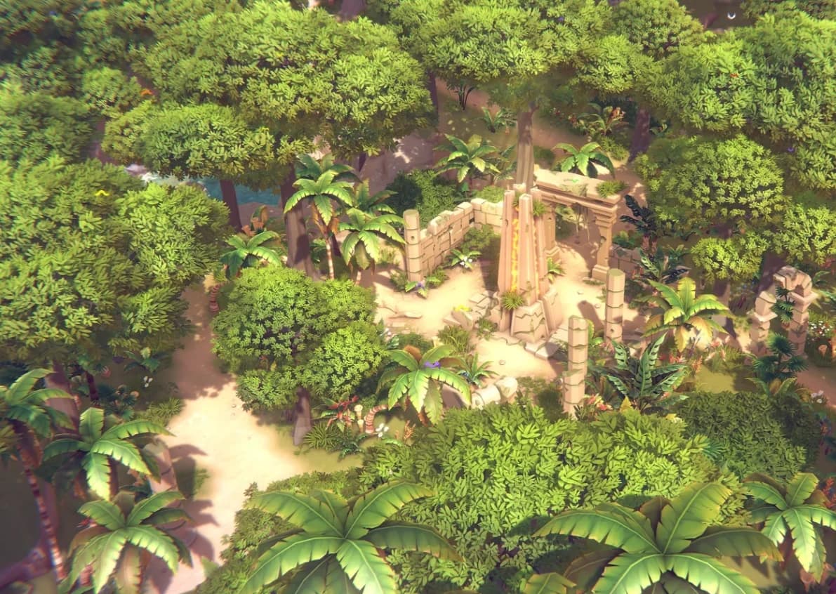 Dense jungle around a ruined temple with a glowing pillar
